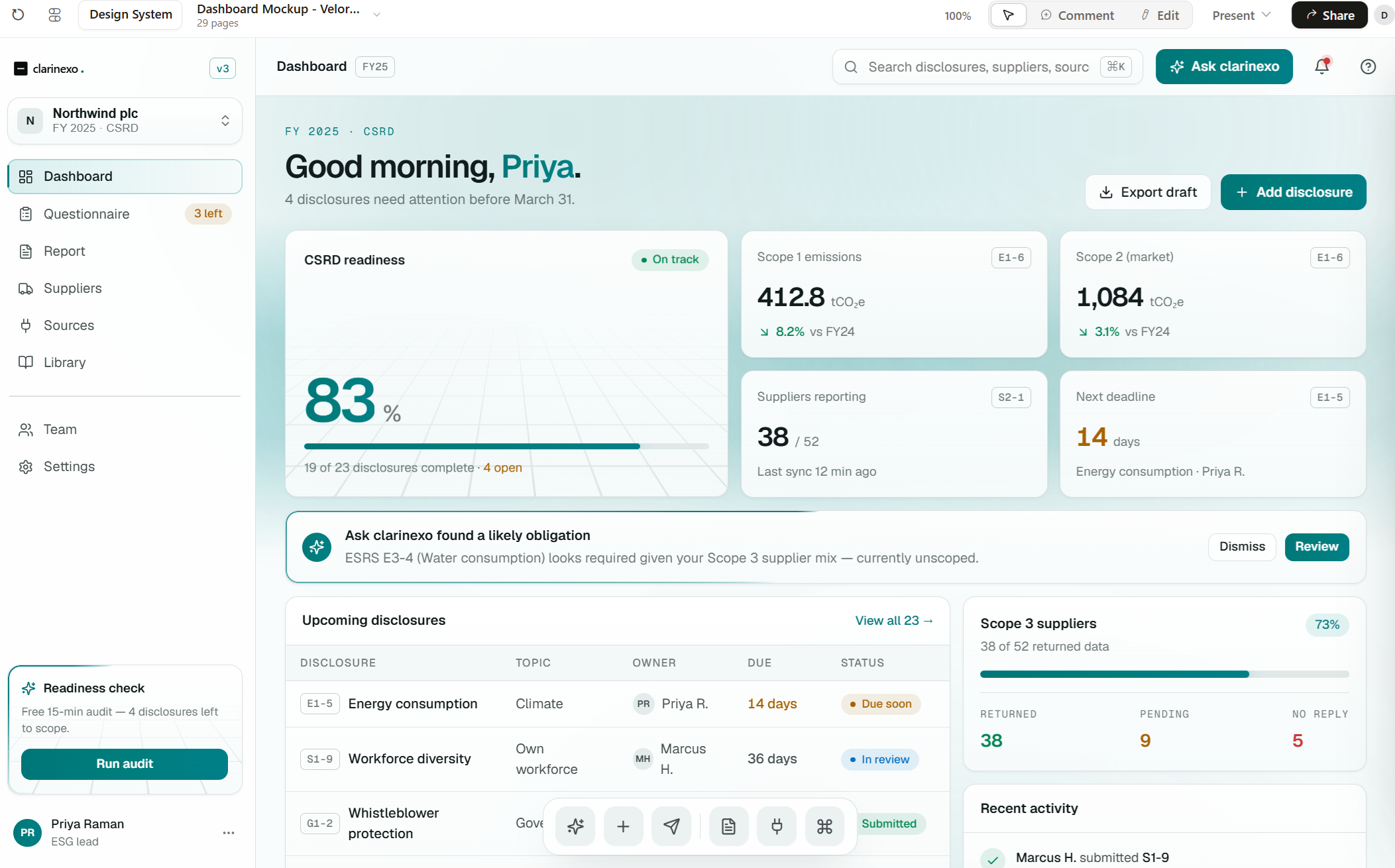 Clarinexo dashboard showing CSRD readiness, emissions scopes, supplier reporting, and disclosure management